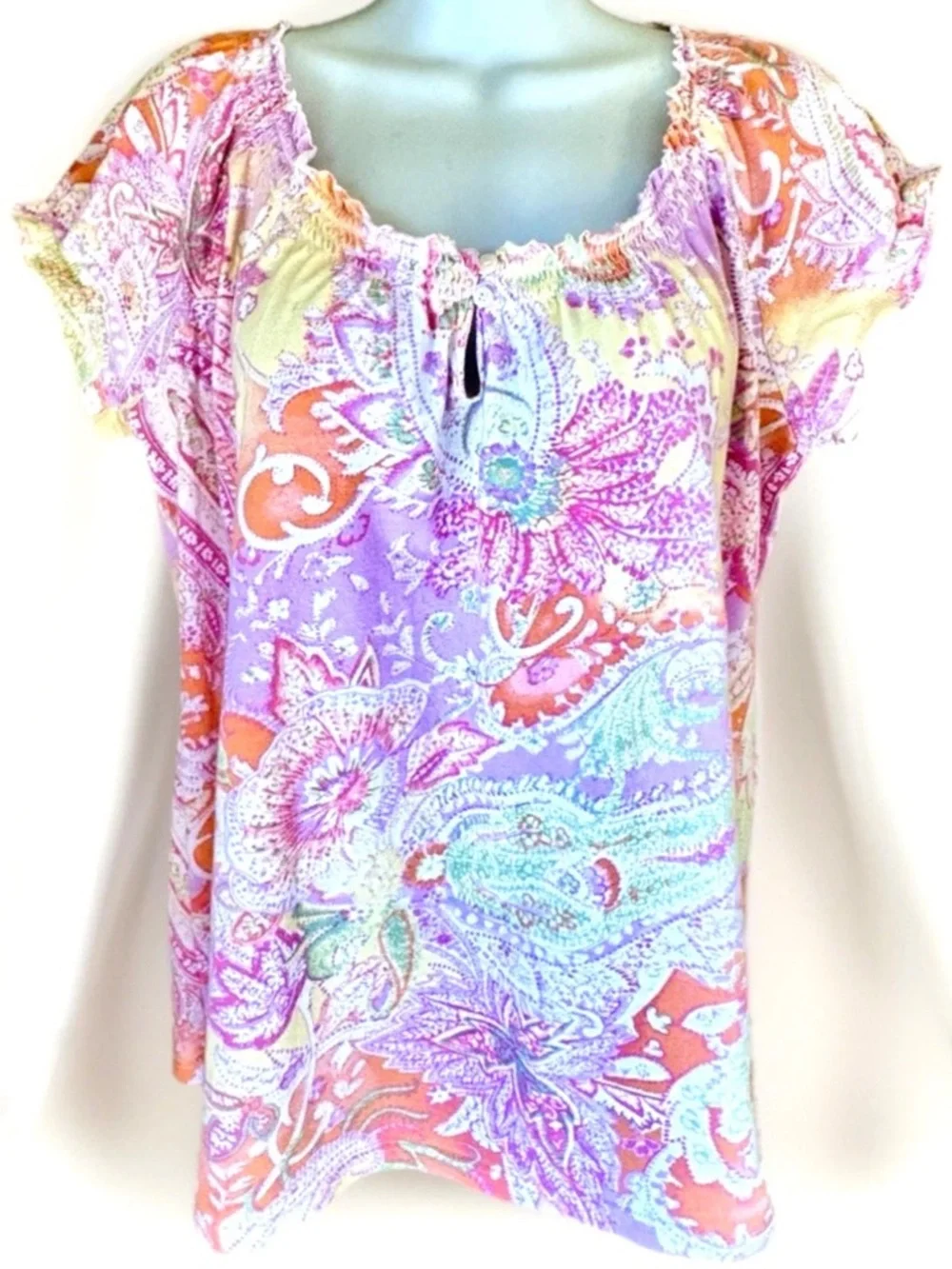 💜LAUREN RALPF LAUREN💜 PASTEL PAISLEY COTTON CAP SLEEVE LONG PANT PAJAMA SET EUC - Picture 5 of 12
